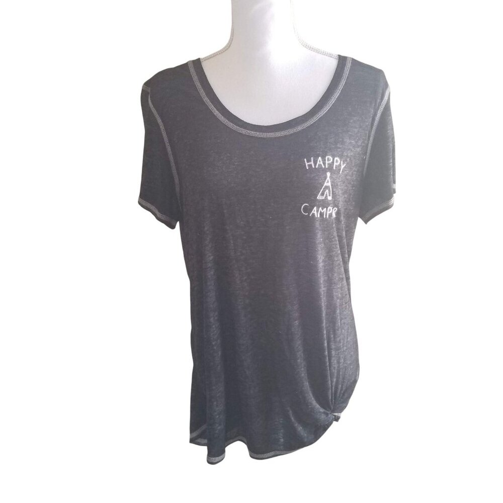 "Happy Camper" Graphic Womens L Short Sleeve T-Shirt Black Lightweight Soft Casu